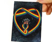Cute Nyan Cat Print, ACEO Art Card, Rainbow Heart Artwork, Internet Meme, Animal Illustration