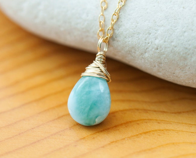 Larimar Necklace - Gold. Gorgeous Chain. Soft Aqua Blue stone jewelry - Fifi LaBonge -