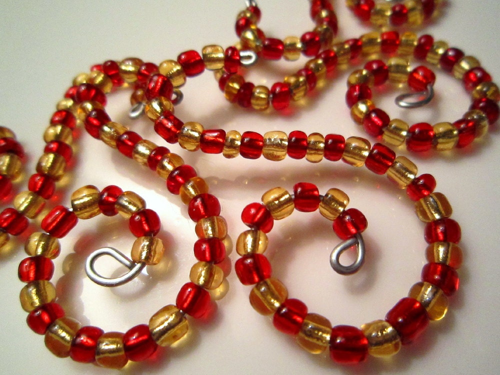 5 Beaded Ornament Hangers:  Whimsical Curves in Shiny Red and Gold