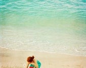 Beach Photo, Little Girl Red Bucket Aqua Blue Turquoise Water Treasure, Dreamy Child Whimsical Portrait, 11x14 Coastal Cottage Photography