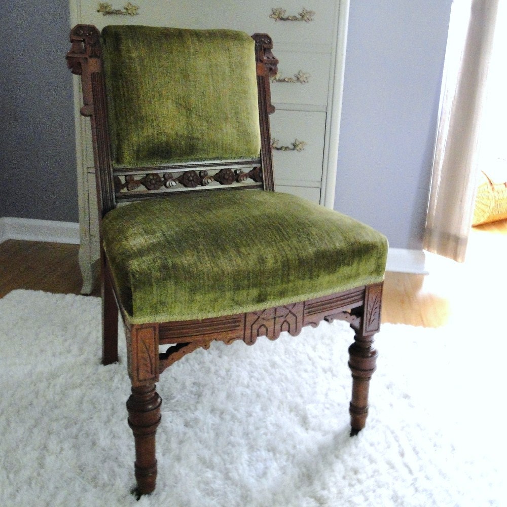 Vintage Eastlake Chair Antique Victorian Seating Crushed Velvet Upholstered Armless Chair Moss Emerald Green Jewel Toned Handcarved Hardwood