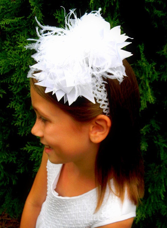 Over the top hair bow White over the top bow boutique hair bow curly ostrich puff bow