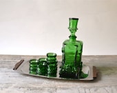 SALE Vintage liquor decanter bottle bar shooters set serving dish emerald green whimsical quirky entertaining