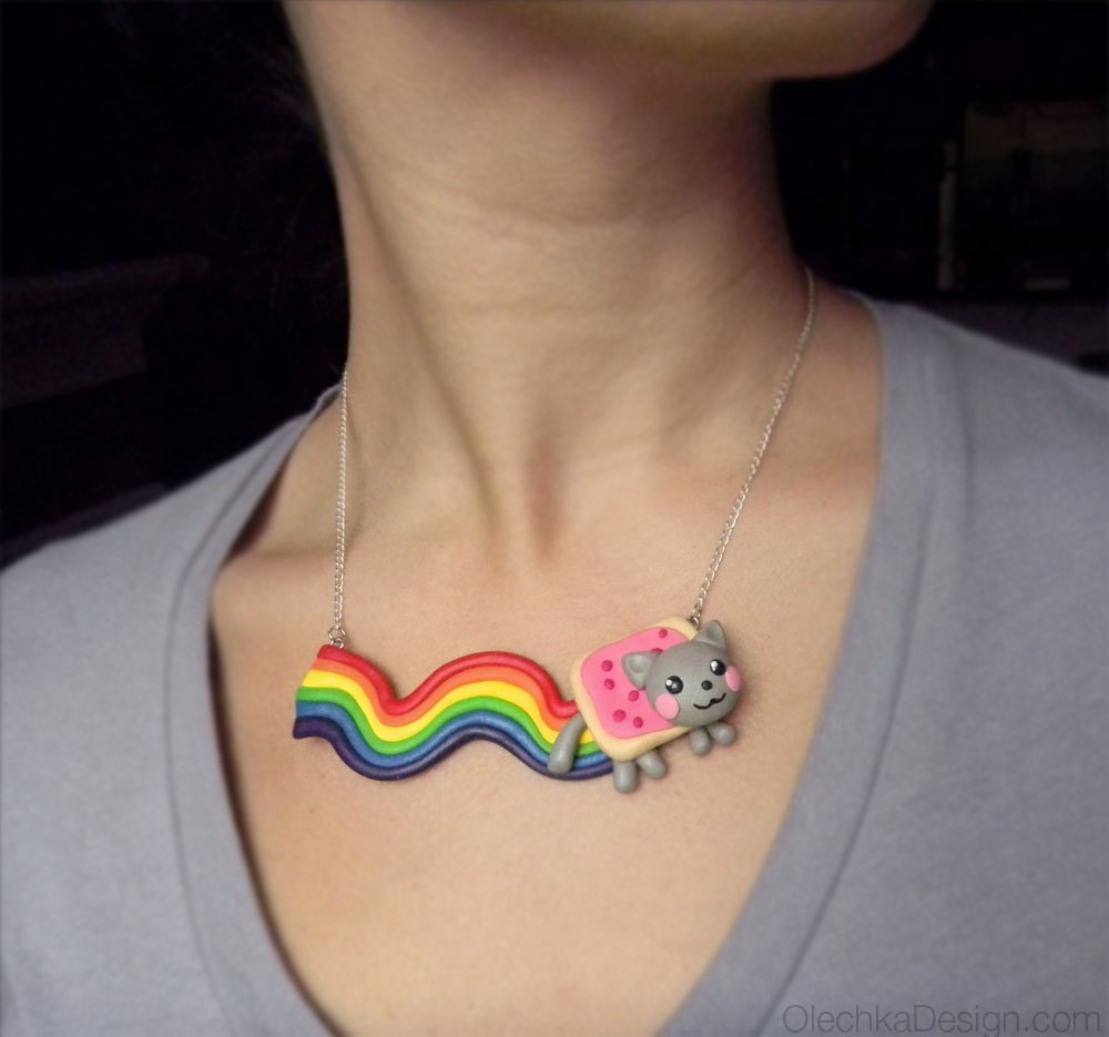 Nyan Cat Necklace, Polymer Clay, Poptart Cat, Cute Geek Jewelry
