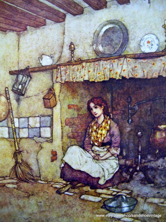 Cinderella in the grate Edmund DULAC PRE-RAPHAELITE Double Sided Color Print