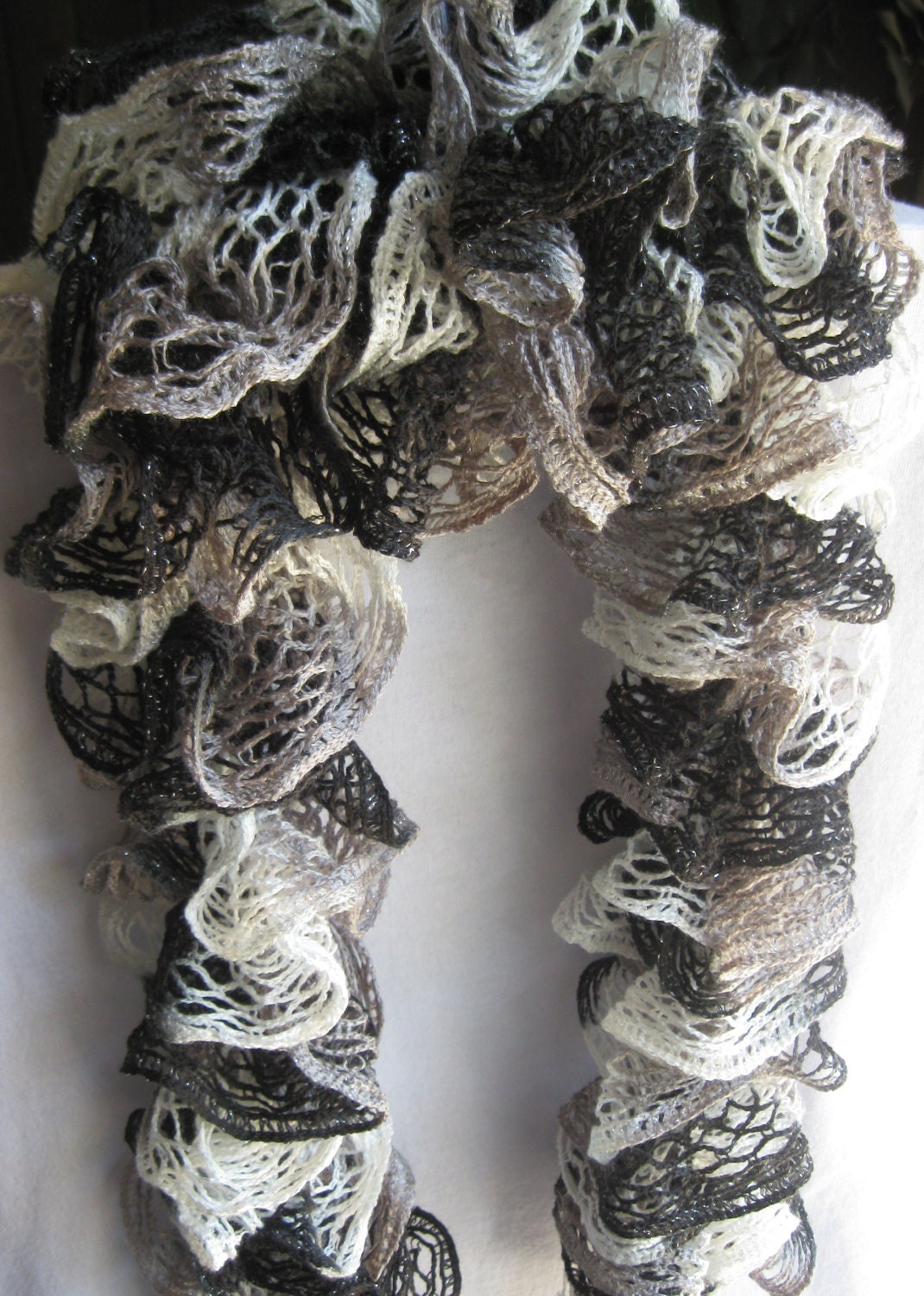 It's All Black & White Ruffled Frilly Scarf With Metallic Trim