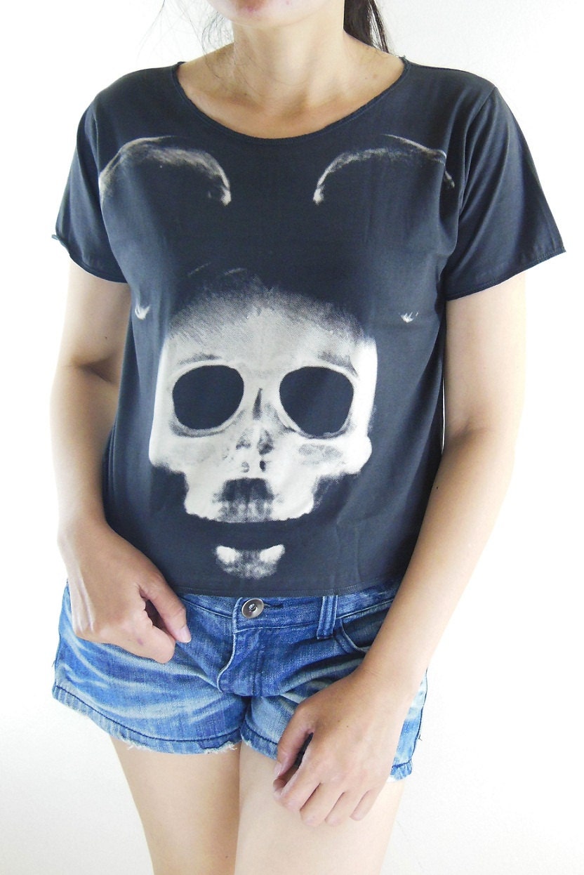 Mickey Mouse X-Ray Skull Shirt -- Mickey Mouse Shirt Women T-Shirt Crop Top Crop Tee Crop Shirt Tunic Top Shirt Black T-Shirt Size M