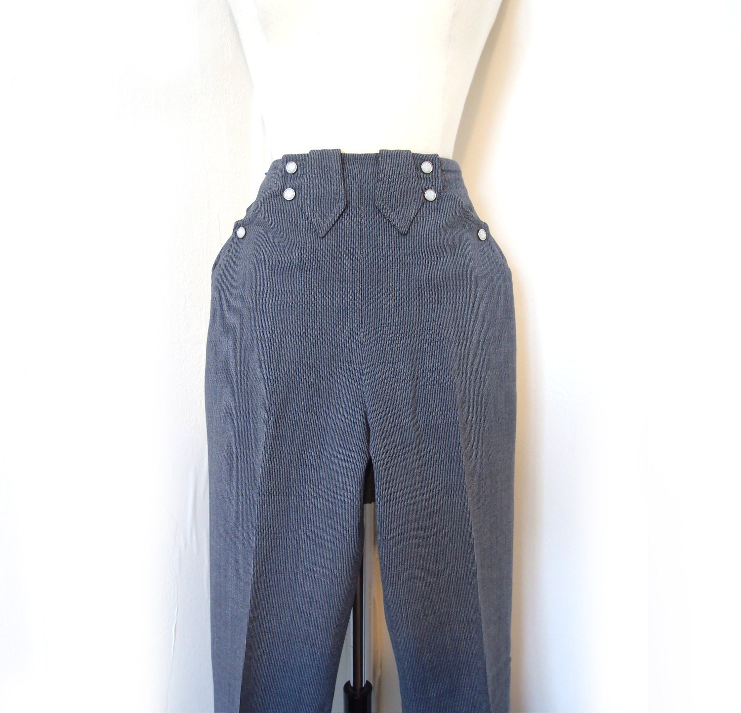 Vintage 1940 1950 Western vaquero cowgirl pants with unuseal front snap closure in steel blue pinstrip