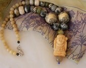 Carved bone pendant necklace with beaded jewelry , Asian jewelry , Tibetan Copal beads , turquoise beads , handmade gemstone bead jewelry