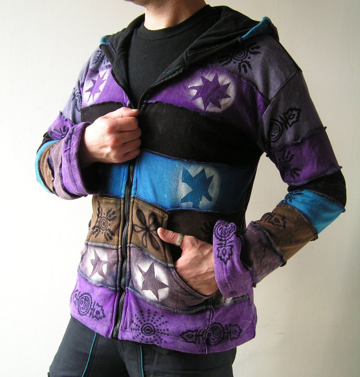 Patchwork Hoodie wirh Fleece Lining Pointed hood - cotton - Fleece lining -  Elf -  Men - Women