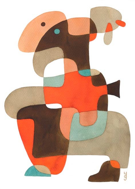 Creature- Modern Art print Abstract Art Mid Century print poster Modernist blue brown orange grey 8 x 10