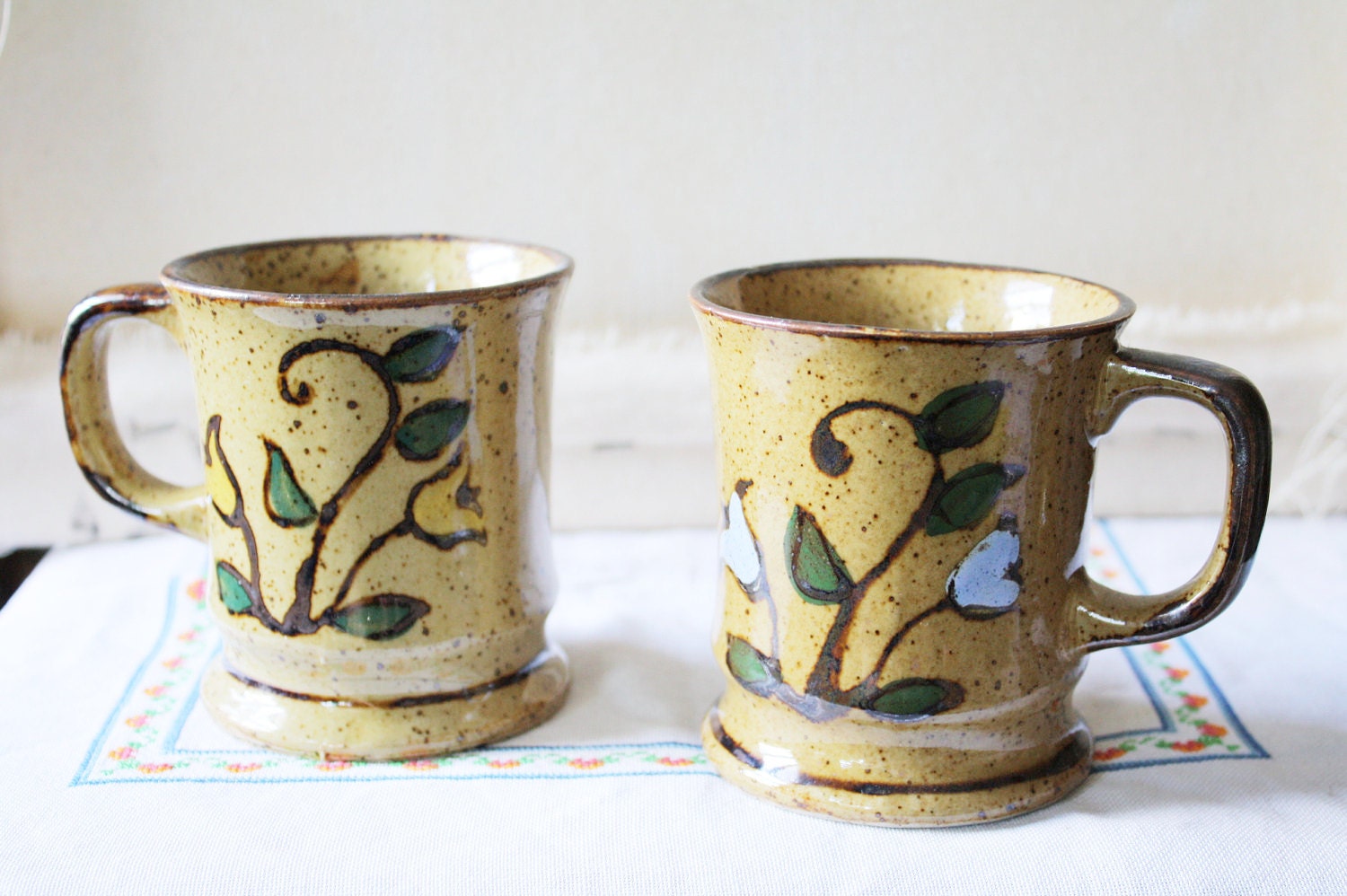 Set of Two Stoneware Mugs with Handpainted Floral