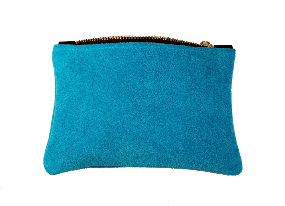SALE Genuine leather pouch aqua blue suede Ready to ship