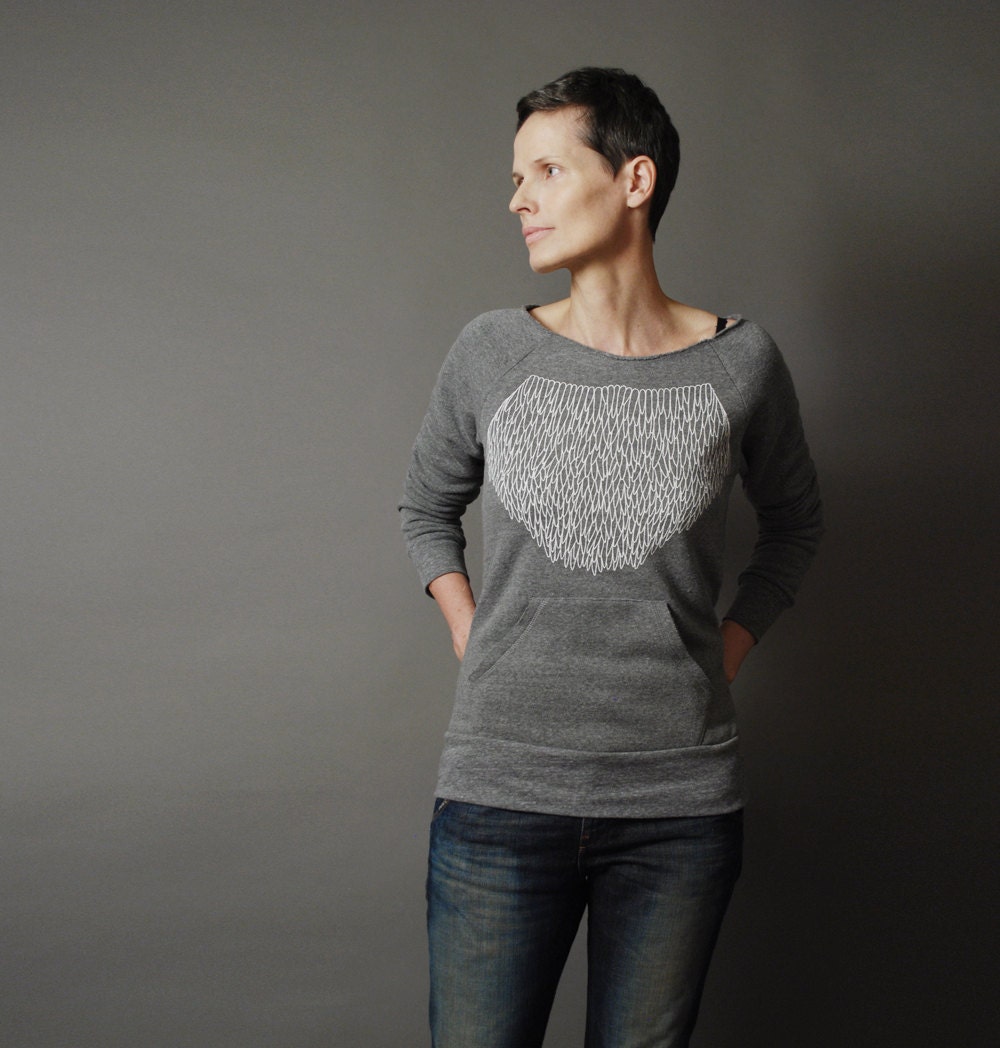 Winter Fashion - Grey Sweatshirt - Alternative Apparel Eco Fleece - Off the Shoulder Geometric Lace Print