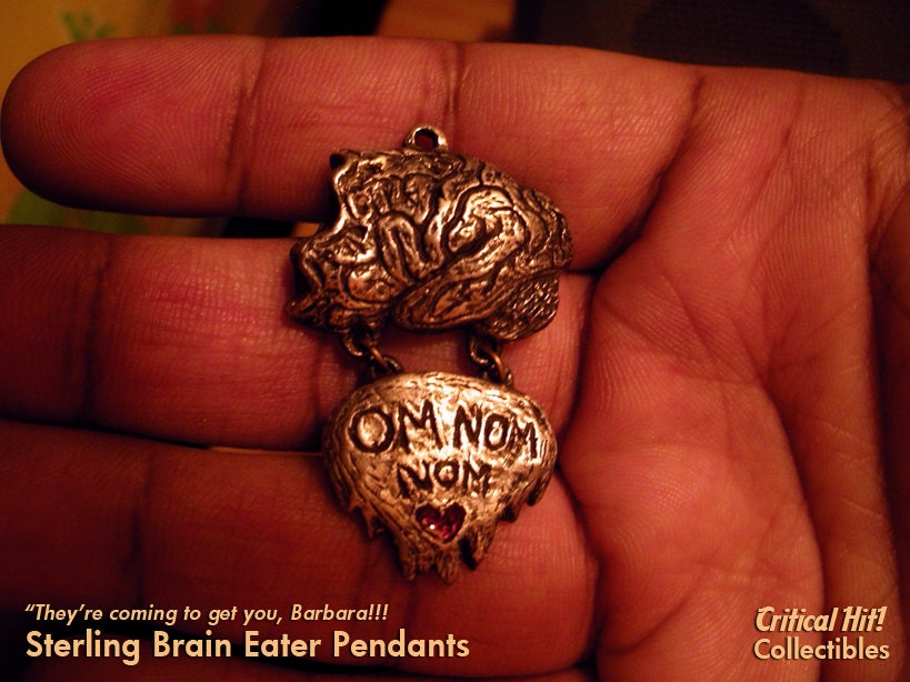 Om Nom Nom Chewed Brain Pendant - silver zombie jewelry zombie horror geek