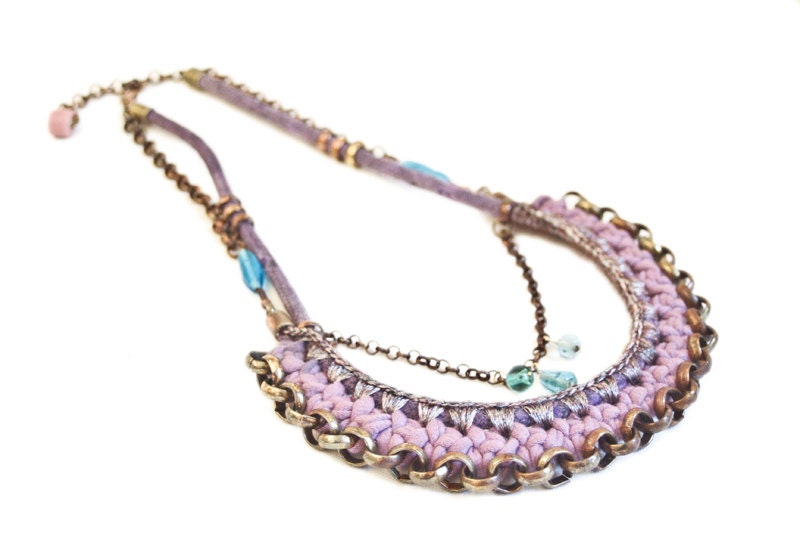 Tribal Statement Necklace, Purple Necklace, Multi Strand Necklace, Blue Beads, Purple Rope, Crochet Bib