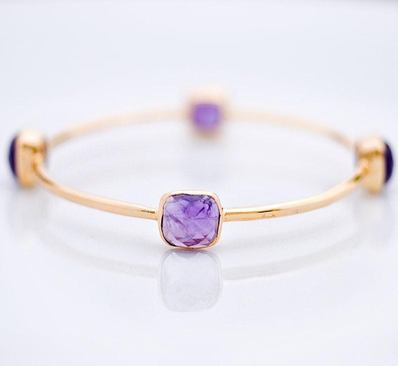 Bangle - Purple Amethyst Bracelet- February Birthstone- Gemstone Bangles - Bezel Set Bangles - Gold Bracelets - Mother's Day Gift