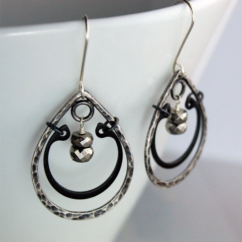 Hammered Silver Hoops with Steel and Pyrite - Industrial Organic