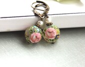 Matte Pink Flower, Pearl, Japanese Tensha Vintage Style Earrings. Holiday Gifts. Pink Wedding. Bridesmaid Gift Ideas.