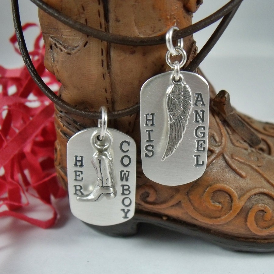 SALE -Her Cowboy His Angel Sterling Silver MINI Dog Tag Set - His and Her Stamped Silver Necklace Set