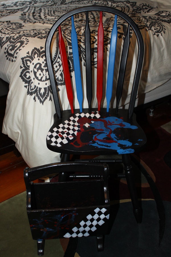Contemporary "spilled paint" black checkerboard chair and matching magazine rack inspired from New York Soho gallery.