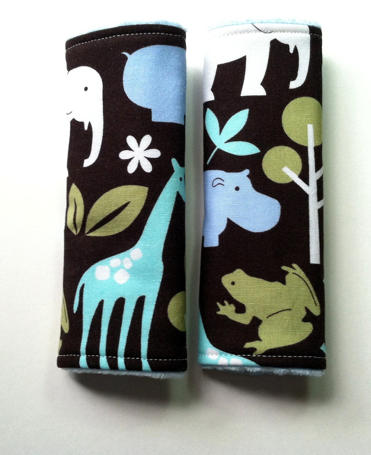 Car Seat Strap Covers - Reversible - Zoology in Brown with Minky Dot