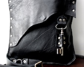 Black Leather Messenger Bag with Antique French Skeleton Key - Large MADE to ORDER - Rocker Biker Steampunk Goth - UrbanHeirlooms