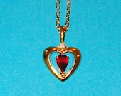 SALE - Vintage 1950s Gold and Garnet Red Rhinestone Heart Pendant Necklace - CLEARANCE
