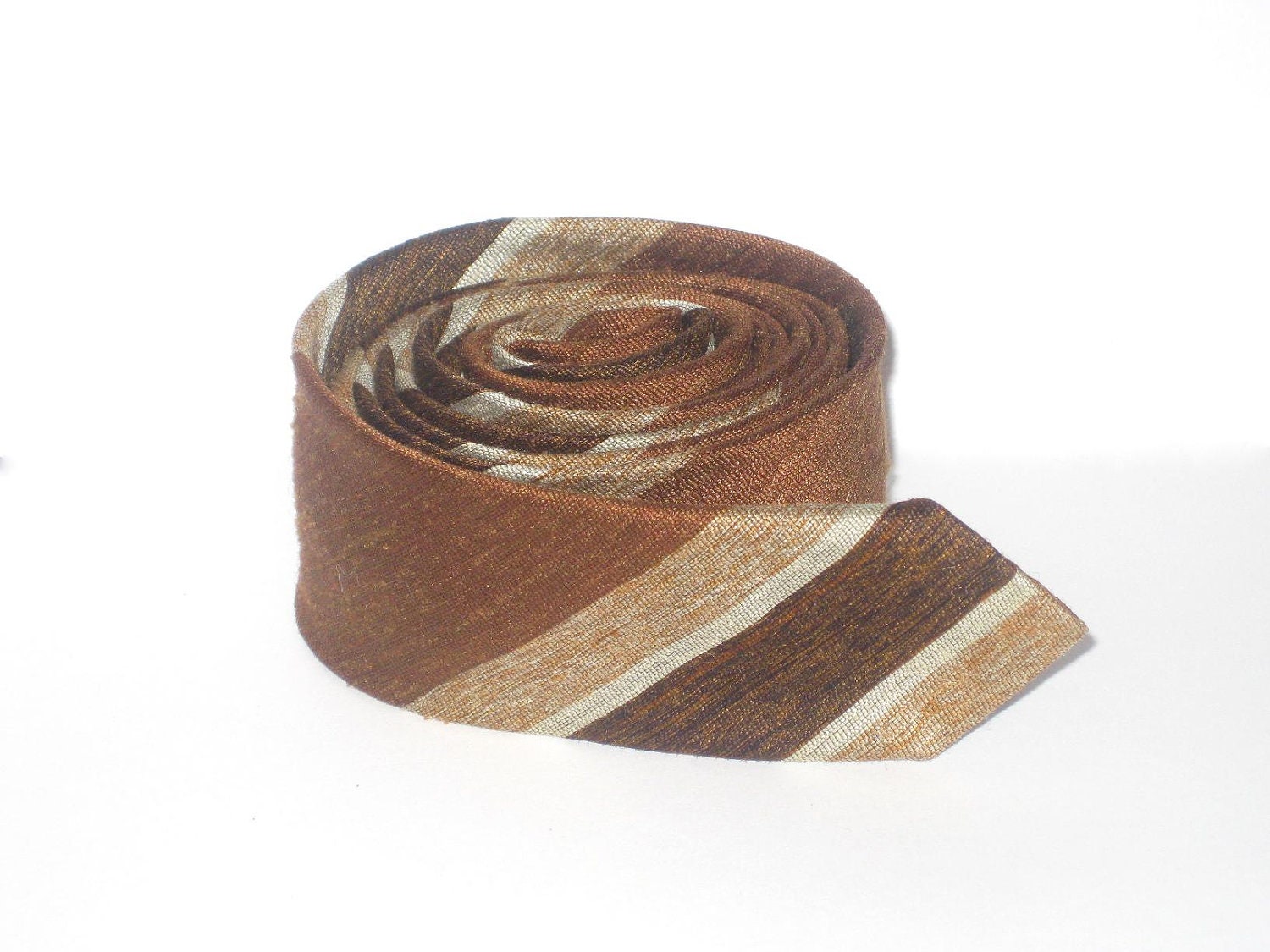Vintage Super SKINNY MENS NECKTIE Tie, Brown Copper Gold Silver Stripe, Office Formal Wedding Suit Sale