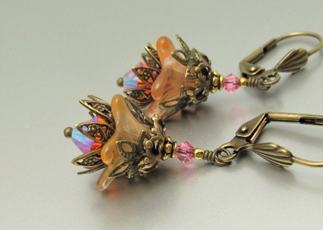 Orange Flower Earrings Vintage Tangerine and Padparadscha AB Swarovski Crystal