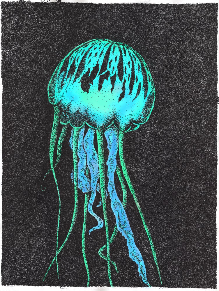 Print Jellyfish  11x14 Blue Green -Giclee Pointillism -