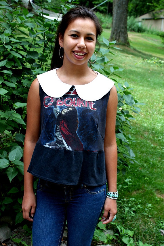 REVIVAL OOAK Upcycled Shirt/Top, Peter Pan Collar, Small/Medium, Rock Tshirt, Ozzy Osbourne, EcoFriendly, Repurposed Clothing