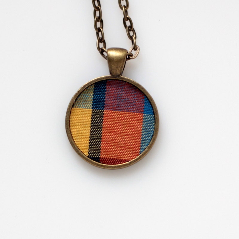 Handmade Necklace Plaid Vintage Fabric Pendant OOAK