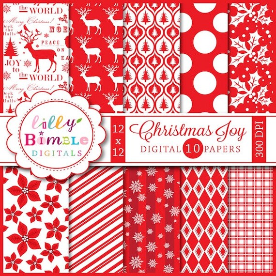 Digital Scrapbook Papers Christmas Joy Red and White Commercial Use Included Il_570xn