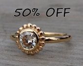 CLEARANCE - Moissanite and Recycled 14k Yellow Gold Halo Engagement or Wedding Ring, size 6.75 - Diamond Alternative