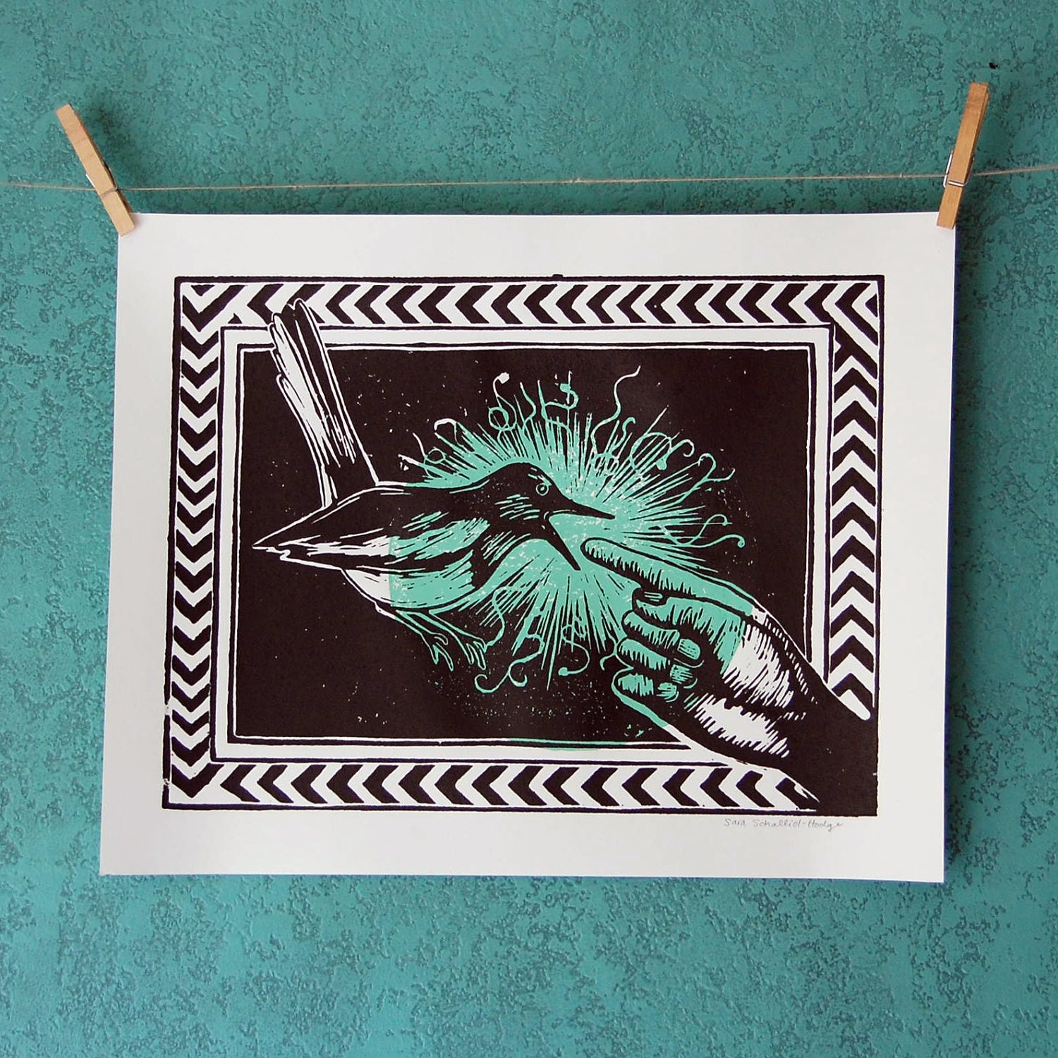 spark, turquoise - linocut print