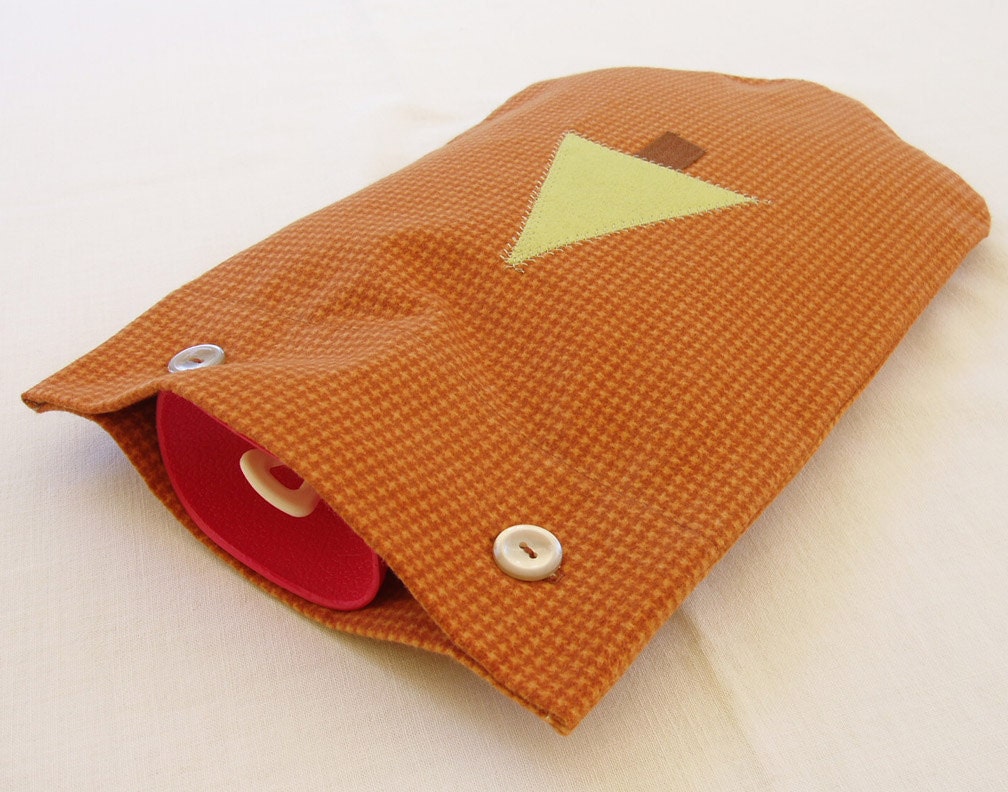 NEW Man Appropriate Deep Orange Houndstooth Flannel Hot Water Bottle Cover with Green Pine Tree Applique