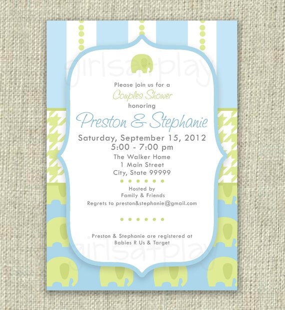 Modern Baby Boy Shower Invitation Invite Elephant Zoo Blue Green Printable - by girlsatplay girls at play Il_570xn
