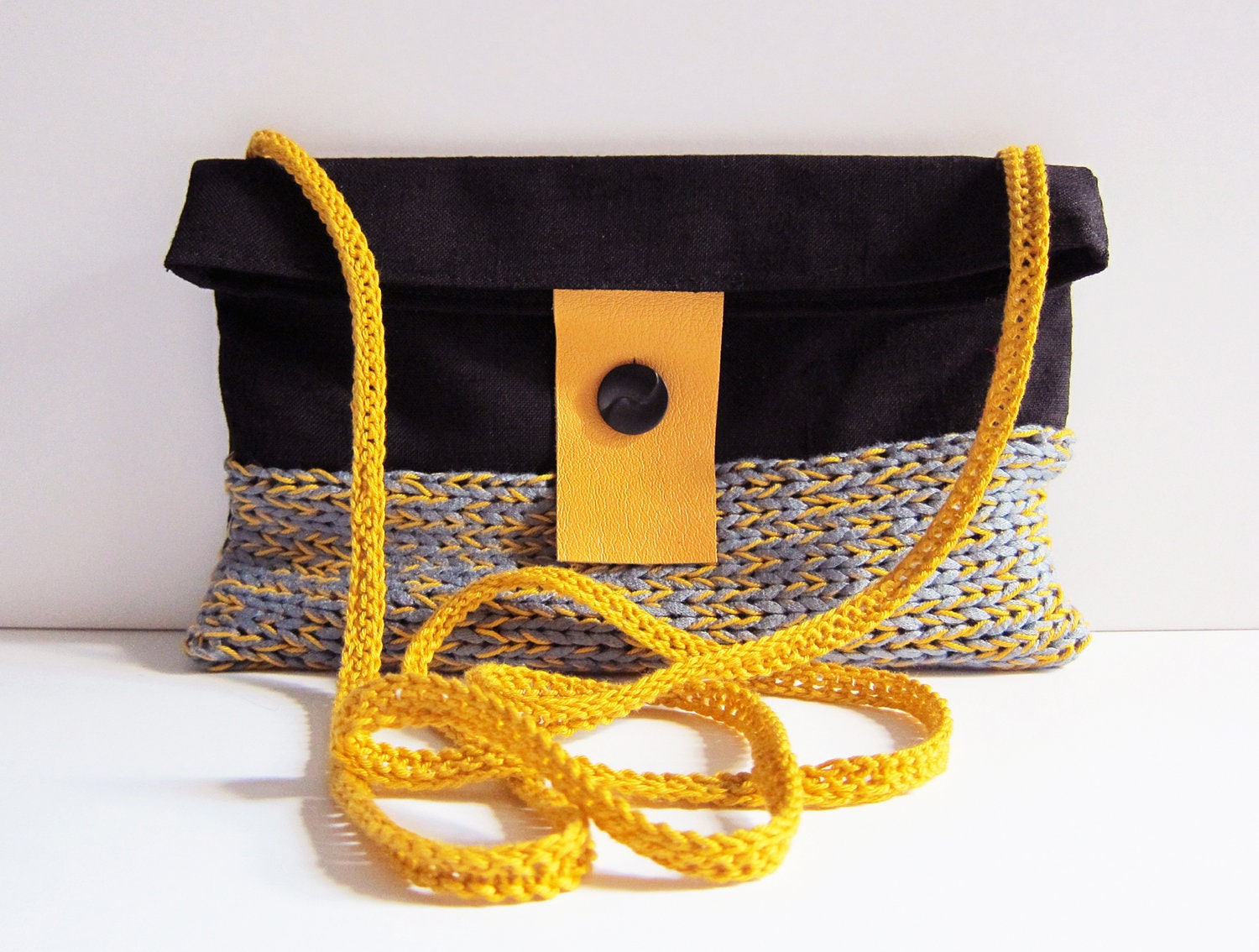 Cross body bag black linen yellow grey fold over purse cotton knit rope strap mustard leather tab memake handmade fashion accessory