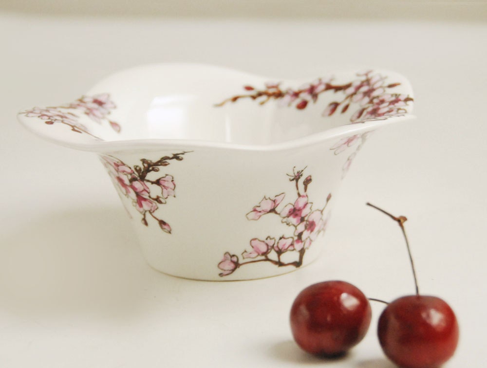ready to ship - Hand Painted Noodle Bowl - Cherry Blossoms, Botanical Collection
