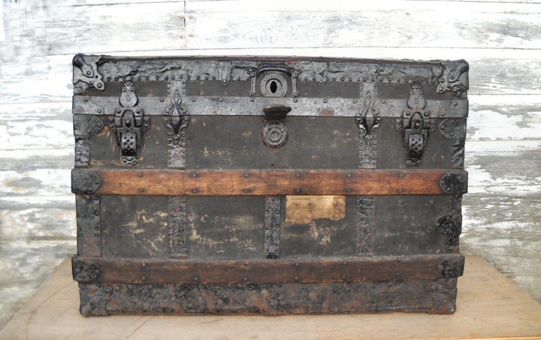 Antique Steamer Trunk - Flat Top - Gothic Coffee Table - Restoration Project - Pat 1856
