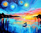 Landscape painting boat art original oil on canvas by Aja 3x4 feet