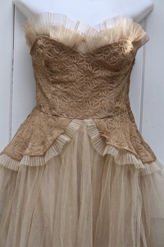 Stunning Vintage 1950 Tea Stained Wedding Dress