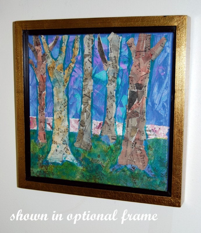 abstract TREE Wall art, 12x12" teal blue violet purple music lime green mixed media collage canvas painting bright chartreuse modern decor