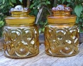 Pair of L E Smith Moon and Stars Amber Canisters