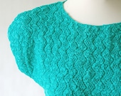 80s vintage summer sweater / Linen Cotton / bright teal green / Zig Zag Popcorn Knit / Nubby texture xs s m