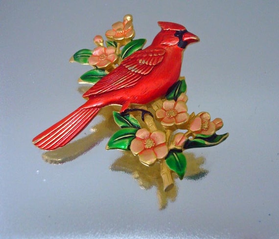 Red Cardinal Flower Pin Brooch Vintage by ThePeacockFeather
