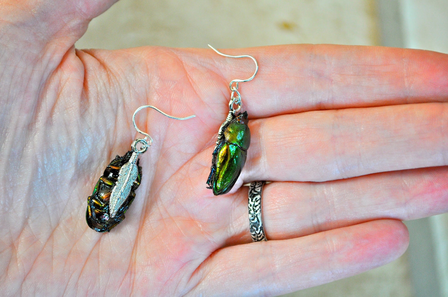 Floating Real Stag Beetle Earrings Green & Rust Moonrise Kingdom Movie