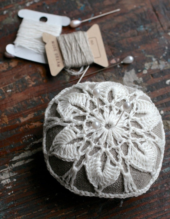 Linen  pincushion - crochet motif -- white