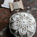 Linen  pincushion - crochet motif -- white